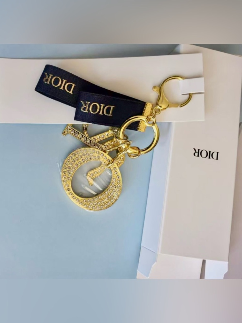 DIOR Gold Rhinestone-Studded Bag  Charm Key Holder with Navy Ribbon GWP NWB - Picture 10 of 11